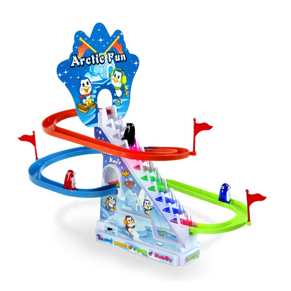 Haktoys Arctic Fun Playful Penguin Race Set with Flashing Lights & Music On/Off Button for Quiet Play, Jolly Penguin Slide Playset