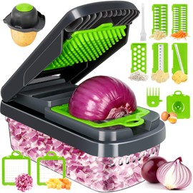 Vegetable Chopper,12-in-1 Multifunctional Food Chopper,Professional Onion Chopper with 7 Blades,Vegetable Cutter with Container for Salad,Potato,Carrot,and Garlic Essential Kitchen Tool (Silver black)