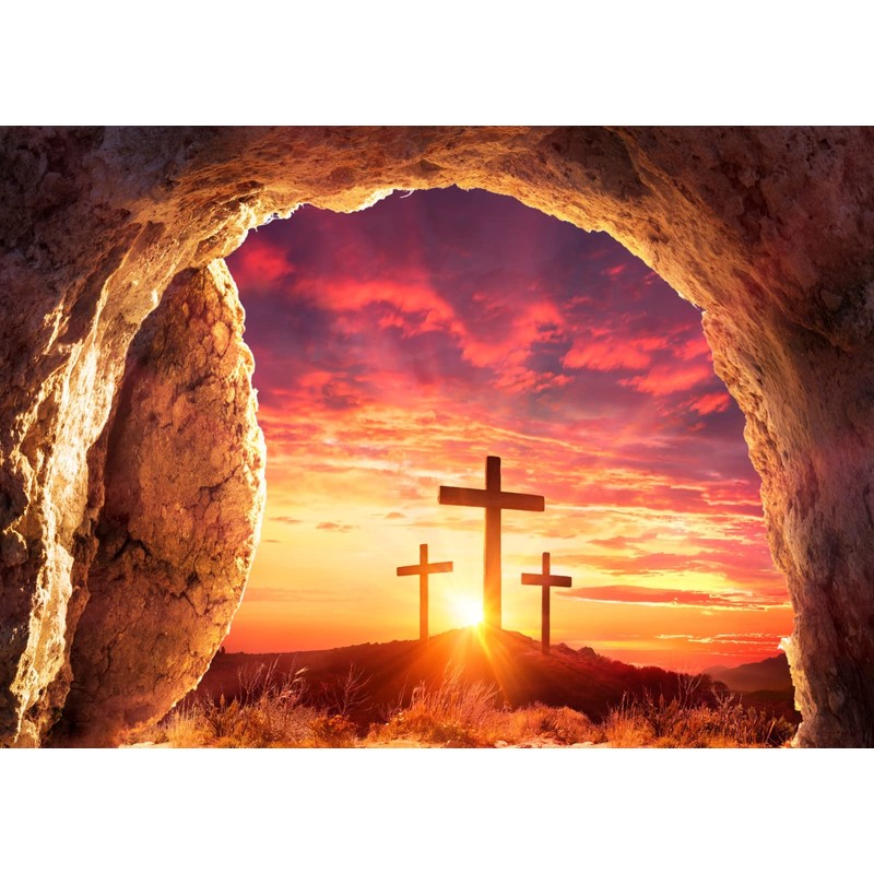 CORFOTO 5x4ft Fabric Sunrise Mountain Three Crosses Jesus Christ Backdrop