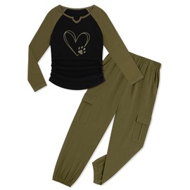 Fuermos Girls 2 Piece Outfits Love Pattern T Shirt and Jogger Pants Teen Clothes for Girls Ages 13 14