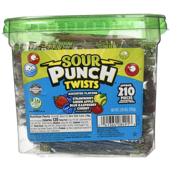 Sour Punch Twists, 3" Individually Wrapped Chewy Candy, 4 Fruity Flavors, 2.59 LB Jar, 210 Count