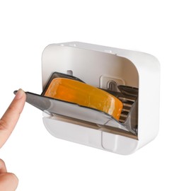 Wall-Mounted Soap Holder with Drain Flip-Top Bathroom Soap Dish Self-Adhesive Self Draining Soap Box Quick-Dry Space-Saving Soap Organizer to Keep Soap Bars Dry, for Shower, Bathroom and Kitchen