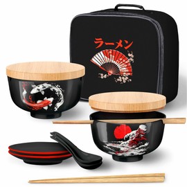 Japanese Ramen Bowl Set of 2-20 Pcs, 32 Oz Ceramic Microwaveable & Dishwasher Safe Large Noodle Bowls with Lid & Built-In Chopstick Holder, Pho, Udon, Thai, Korean, Rice - 6.5 Inch
