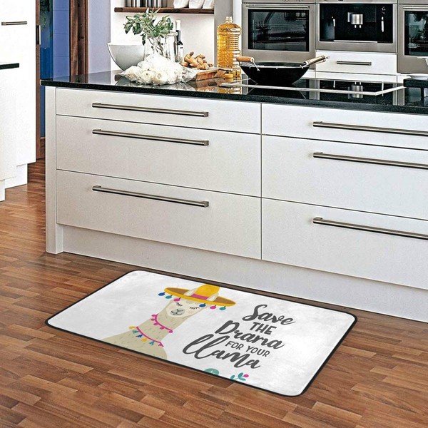 Kitchen Rugs Cute Llama Alpaca with Cactus Design Non-Slip Soft