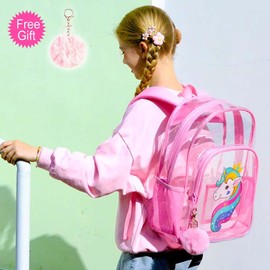 AGSDON 3PCS Clear Backpack for Girls, Kids Unicorn Transparent Bookbag Heavy Duty, Cute See Through Backpacks with Lunch Bag - Pink