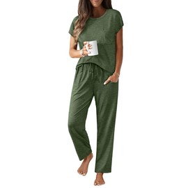 Ekouaer Women's Pajama Sets Cap Sleeve Sleepwear Tops and Long Pants Comfy Pjs 2 Piece Lounge Set with Pockets Army Green X-Large