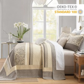 Finlonte Oversized Queen Bedspread 102"x120" - 100% Cotton Oversized Queen Quilt with 2 Pillow Shams, Farmhouse Stripe Botanical Bedspread Reversible Lightweight Coverlet Set, Taupe/Brown/Beige, 3 Pcs