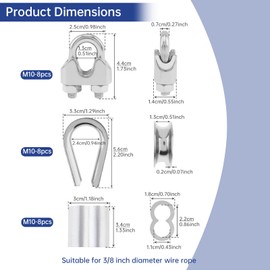 24 Pcs M10 Cable Clamp Thimble Ferrule Set 3/8" Wire Rope Rigging Accessories 304 Stainless Steel Aluminum Crimping Sleeves Wire Clamps for Cables (M10(3/8"))