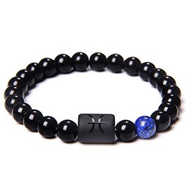Pingyongchang 8MM Star Sign Constellation Horoscope Beaded Bracelet Zodiac Natural Black Onyx Stones Beads Bracelets for Men Women Birthday Summer (Pisces)