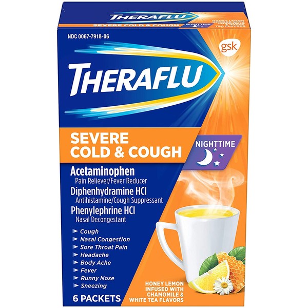 Theraflu Nighttime Severe Cold & Cough, Honey Lemon, 6 Packets