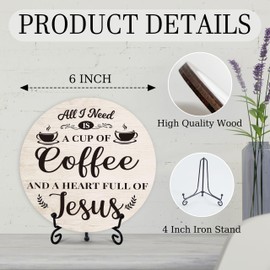 Coffee Bar Sign, Christian Coffee Decorations for Coffee Bar, Farmhouse Round Wood Plaque with Stand, Coffee And Jesus Themed Coffee Signs for Coffee Station Home Office, Coffee Lover Gifts (09)