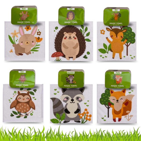 Bada Bing Set of 6 Magic Hand Towels – Forest Animals – Cotton Wash Cloth – Magic Towel for Children Approx. 30 x 30 cm 6 Compartments