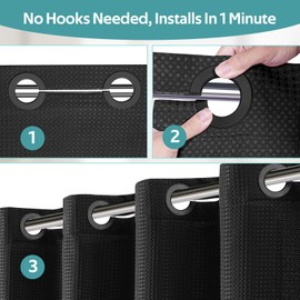 Vipfree No Hook Shower Curtain, Waffle Weave Thick Fabric Shower Curtains for Bathroom, 258 GSM Luxury Polyester Cloth Bath Curtain with 12 Built in Grommets, 72W x 74H, Black
