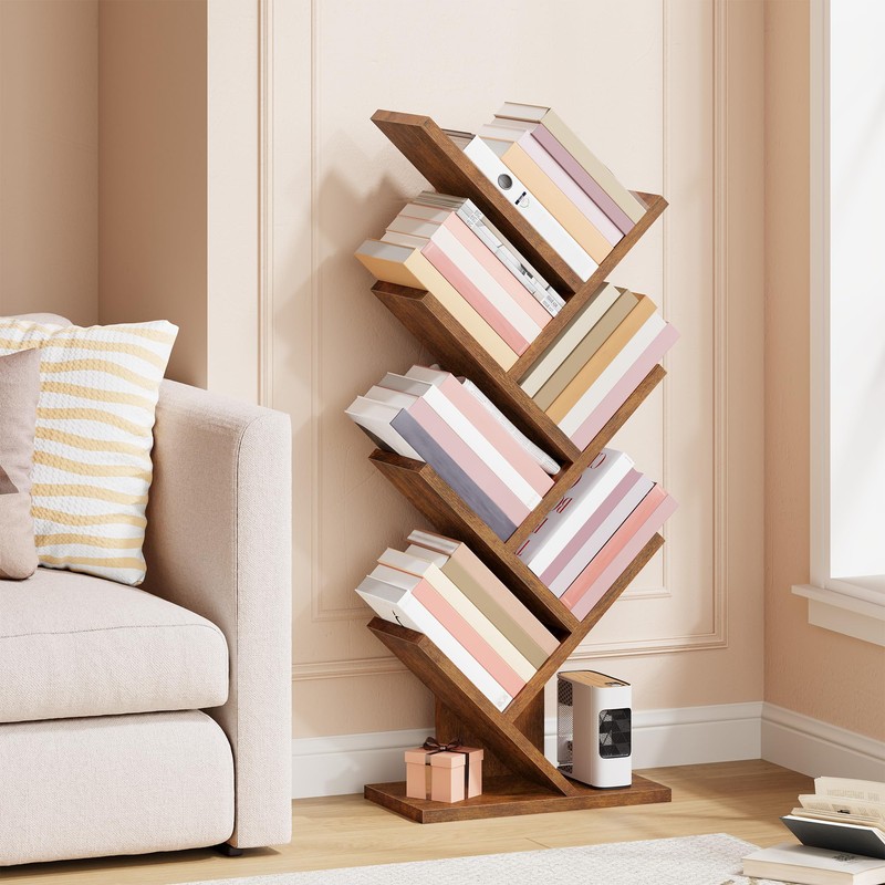 Hoctieon 7 Tier Tree Bookshelf, 7 Shelf Bookcase, Free Standing