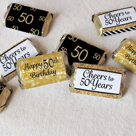 Black and Gold 50th Birthday Party Mini Candy Bar Wrappers - 45 Stickers