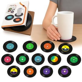 Retro Vinyl Record Coasters 12-Pack with Holder, Non-Slip Cup Mats for Coffee, Tea, Drinks, Tableware Protection for Party, Home, Office, Bar & Housewarming Gift for Music Lovers