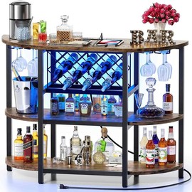 Bar Table Cabinet with Power Outlet, LED Home Mini Bar Cabinet for Liquor, Metal Wine Bar Stand with 4-Tier Storage, Easy to Assemble, Grey - Color: Brown
