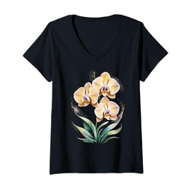 Womens Yellow Orchid Flower Watercolor V-Neck T-Shirt