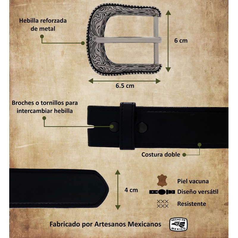 Cinturón de Piel Vacuna con Hebilla Vaquera Vintage (Negro, 38)