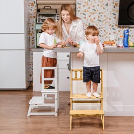 COSYLAND Toddler Kitchen Stool Helper – Kid's Step Stool with Side Guard Structure for Kitchen/Bathroom Sink/Living Room/Bedroom – 300 lbs Load Capacity Ladder for Toddlers – Natural