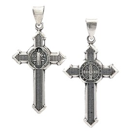 RP 925 Saint Benedict Cross and Medal Pendant, Sterling Silver, Front and Back Design Patron Saint of Protection Fine Religious Jewelry for Him & Her (Cross + 24" Chain)