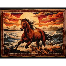 Sunset and Horse Latch Hook Rectangle Rug Kits for Adults Needle Crochet Yarn Kits Embroidery Carpet Hook and Latch Kit Floor Mat Tapestry Christmas Home Decoration 40x60cm(1)