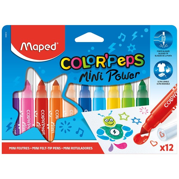 Maped - Color'Peps Mini Jumbo Felt Tip Pens with Fixed Tip - x12 Pens - Ideal for the Smallest Painting Beginners - Tip: Diameter 6.5 mm