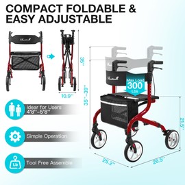 PLANET WALK Super Lightweight Rollator Walker for Seniors, Foldable Rolling Walker with Seat and 8" Rubber Wheels for All Terrain, Unique Design Aluminium Frame Sturdy Walkers for Traveling - Red