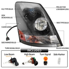 LEAVAN Headlight Assembly Compatible with 2004-2018 Volvo VNL VNM 2004-2015 Volvo VN Halogen, Headlamps Head Light Lamp W/Bulbs Housing Pair (Black/right side)
