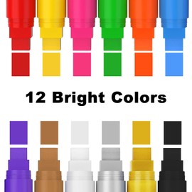12 Colors Washable Window Markers for Cars, 15mm Jumbo Liquid Chalk Markers, 3 in 1 Nib, Metallic & Neon Paint Glass Pen for Auto, Chalkboard, Blackboard, Bistro, Menus and Any Non-Porous Surface