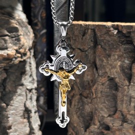 bahamut Jesus INRI Crucifix Saint St. Cross Pendant Necklace for Men Boys Stainless Steel Religious Jewelry Rolo Chain (Silver Gold Cross)