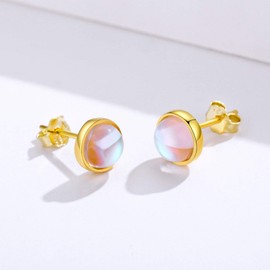 Moonstone Earrings 925 Sterling Silver Rainbow Round Moonstone Stud Earrings for Girls Hypoallergenic Earrings Christmas Gifts for Women Children, Sterling Silver, Moonstone