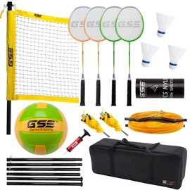 GSE Volleyball and Badminton Combo Set with Net, Portable Volleyball Net Set System for Backyard Lawn/Beach, Adjustable Height Steel Poles, PU Volleyball with Pump and Carrying Bag(Professional Set)