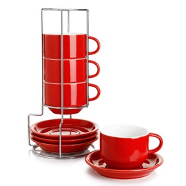 Sweese 406.404 Porcelain Stackable Cappuccino Cups with Saucers and Metal Stand - 8 Ounce for Specialty Coffee Drinks, Cappuccino, Latte, Americano and Tea - Set of 4, Red