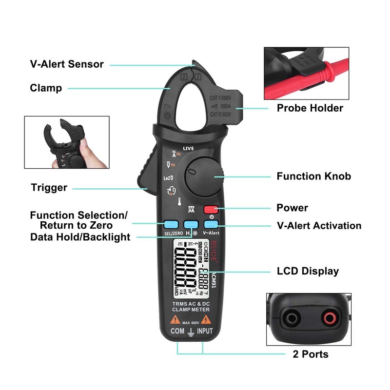 Bside 1mA DC/AC Clamp Meter True RMS 6000 Counts Temperature