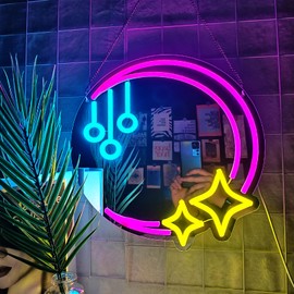 POYFECA Moon Star Neon Sign Wall Mirror, USB Powered Purple 3D Art Lights Wall Decoration, LED Cosmetic Mirror, 13.38 “x13.38” Mirror with Lights, for Women JM-30