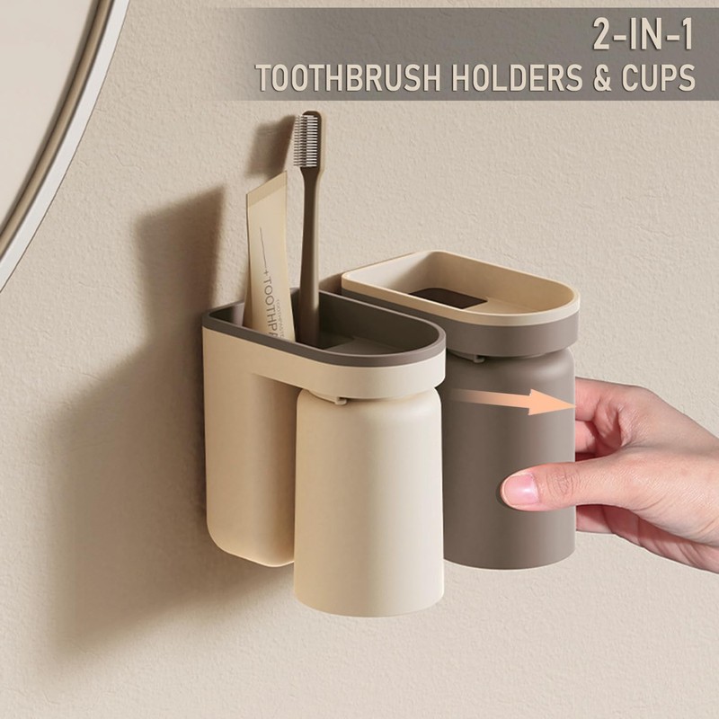 Toothbrush Holder Wall Mounted with Cup,2-in-1 Toothbrush Holders & Cups