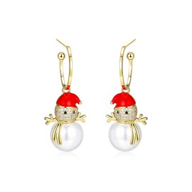 Cute Snowman Pearl Dangle Stud Earrings 14K Gold Plated Cubic Zirconia Christmas Dangling Drop Hoop Earrings Xmas Holiday Party Hypoallergenic Jewelry Gifts for Women Girls New Year's Eve