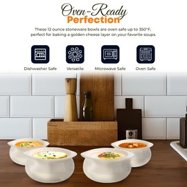 OCS Parts Ivory White Stoneware Onion Soup Bowls | Set of 4 | 12-Ounce Soup Bowls for Tomato Soup, Baked Beans, Chili, and More