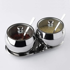 Azucarero con tapa y cuchara, 2 botes de acero inoxidable para especias, juego de ollas, 330 ml