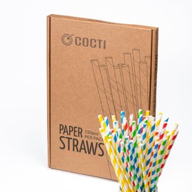 Cocti Paper Drinking Straws – Incredibly Long-Lasting Straws! 100% Biodegradable Durable, Without Wierd Paper Taste, Suitable for Cold Drinks – 200mm x 6mm, Stripes 150pcs.