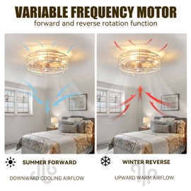 Youroke Ceiling Fan with Light and Remote, Modern Flush Mount Fan Lights Cage Ceiling Fixture, Bladeless 12 in 6 Speeds Fans with Lights for Kitchen Bedroom Living Room, White and Gold