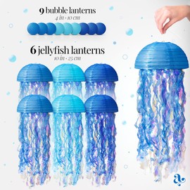 Jellyfish Paper Lanterns and Bubbles - Under Sea Party Decorations, Mermaid Party Decorations, Mermaid Birthday Decorations and Hanging Jellyfish Decor by Avoseta (15 pcs, Jelly Fish, Blue and Cyan)
