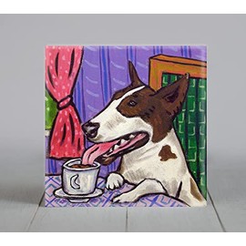 Bull Terrier at the Cafe Coffee shop dog art tile coaster gift