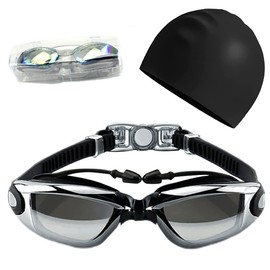 [DUTUTU] 【大人】スイムゴーグル 度付き スイミングゴーグル 度付きゴーグル 水泳 近視-4.0 UVカット 曇り防止 水漏れ防止ベルトスイムキャップ 耳栓 付き フィットネス 海水浴 水泳 競泳3D人間工学設計 柔らかいシリコン水中メガネ 防水性耐久性 ベルト調節可 男女兼用【スイミングゴーグル + スイミングキャップ 】