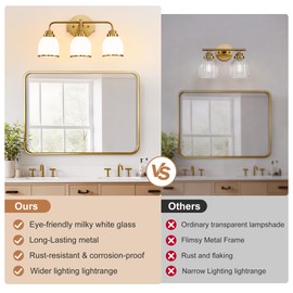 EvmVom 3-Light Brushed Gold Bathroom Light Fixtures, with Milk White Glass