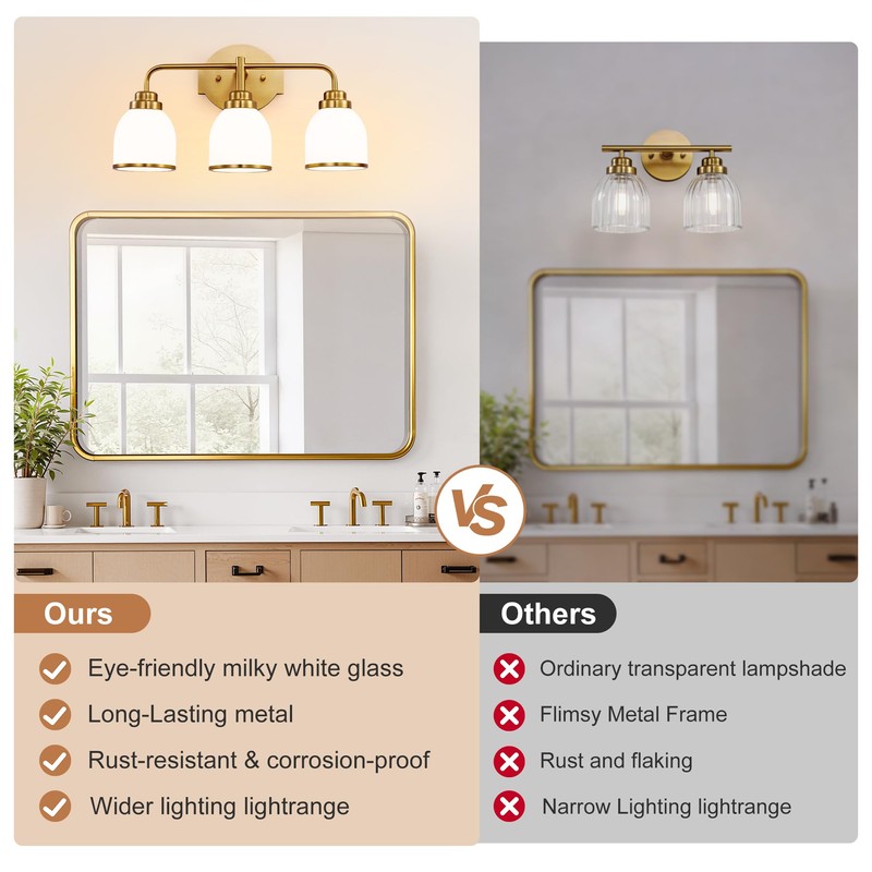 EvmVom 3-Light Brushed Gold Bathroom Light Fixtures, with Milk White