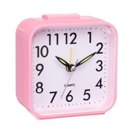 uxcell Small Battery Operated Analog Alarm Clock, Square Travel Clock Plastic Alarm Clocks for Bedroom with Easy Light Functions, Snooze, 12/24H, Pink