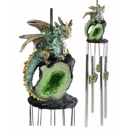 Ebros Gift Medieval Green Dragon Guarding Emerald Crystal Geode Rock Figurine Wind Chime