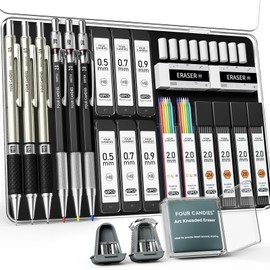Four Candies 25PCS Art Mechanical Pencil Set with Case, 3PCS Metal Artist Lead Pencil 0.5, 0.7, 0.9 mm & 3PCS 2mm Holder (HB 2H 2B 4B Color) with 432PCS Graphite Lead Refills for Drawing Sketching